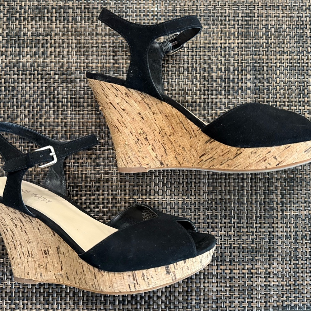 Nine West Black Suede Peep-Toe Wedge Sandals with Cork Platform - Picture 2 of 4